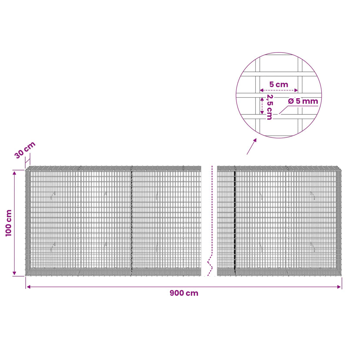 Gabion with 5 mm Wire and 5x2.5 cm Mesh 900x30x100 cm