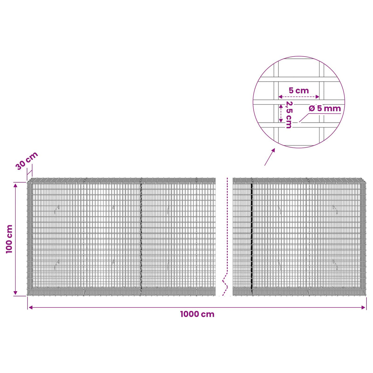 Gabion with 5 mm Wire and 5x2.5 cm Mesh 1000x30x100 cm