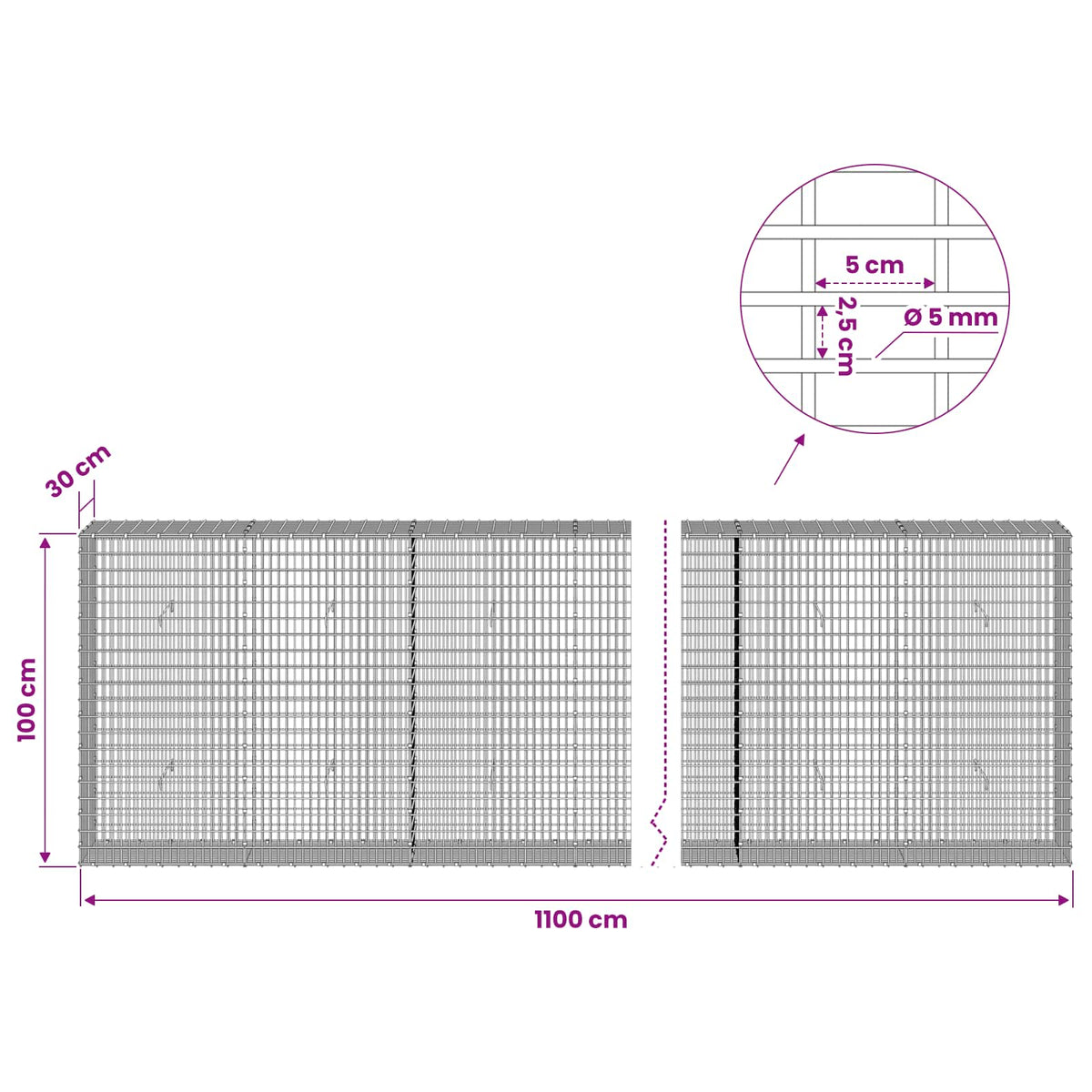 Gabion with 5 mm Wire and 5x2.5 cm Mesh 1100x30x100 cm