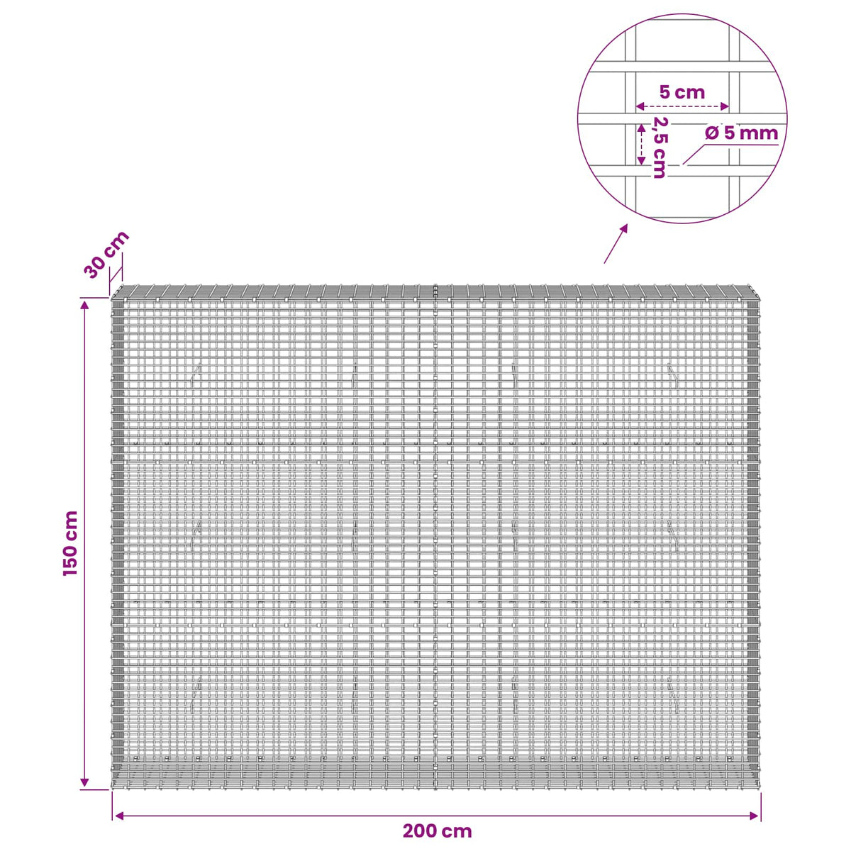 Gabion with 5 mm Wire and 5x2.5 cm Mesh 200x30x150 cm