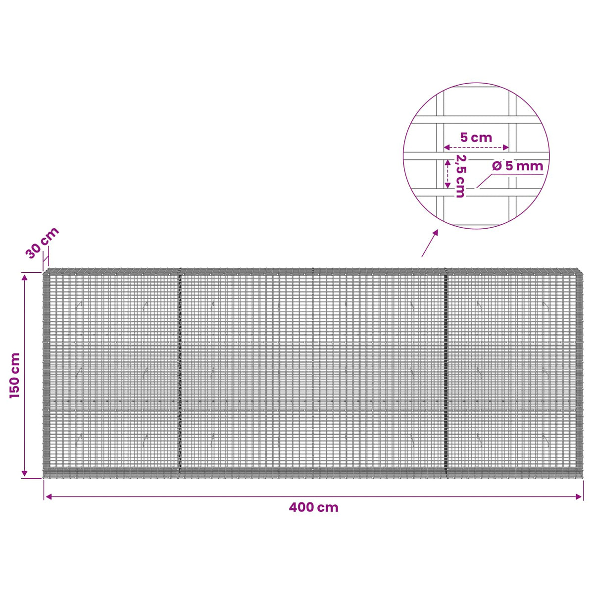 Gabion with 5 mm Wire and 5x2.5 cm Mesh 400x30x150 cm