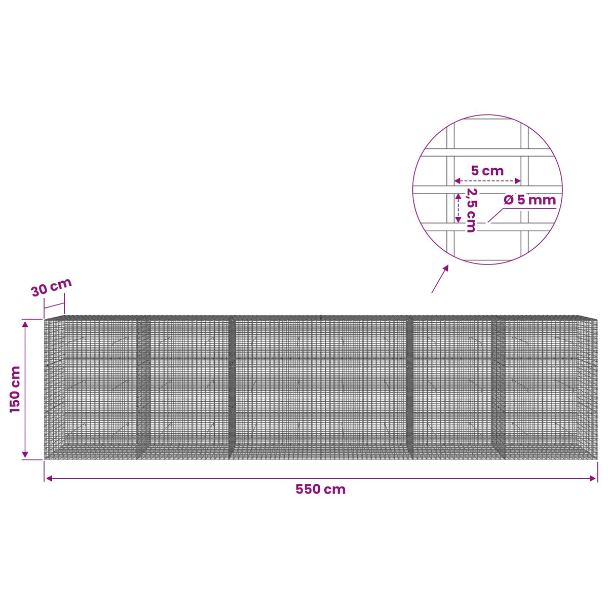 Gabion with 5 mm Wire and 5x2.5 cm Mesh 600x30x150 cm