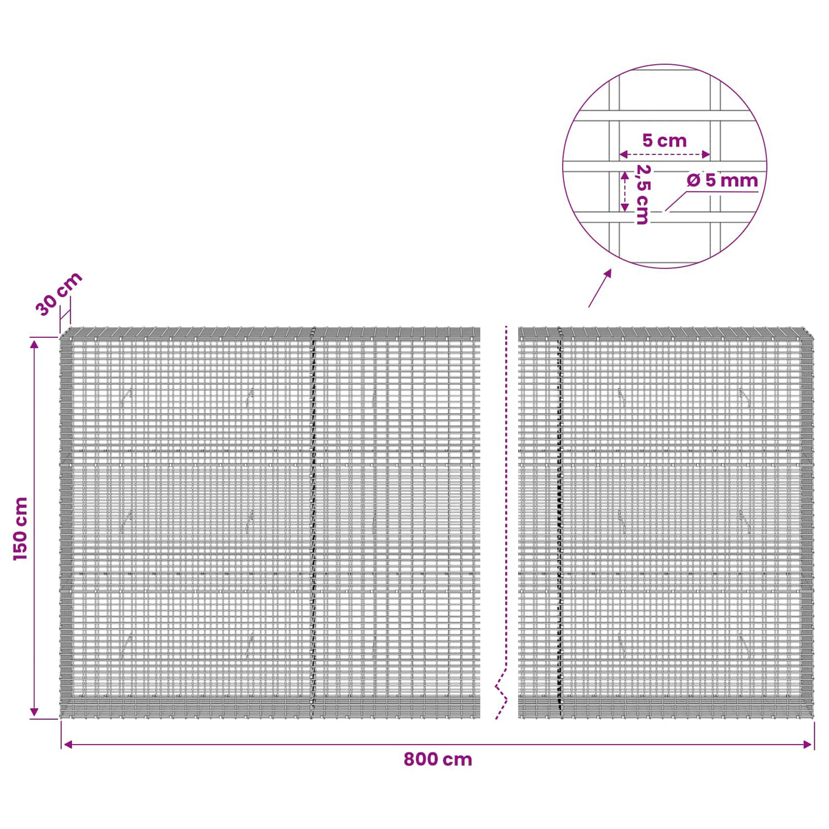 Gabion with 5 mm Wire and 5x2.5 cm Mesh 800x30x150 cm