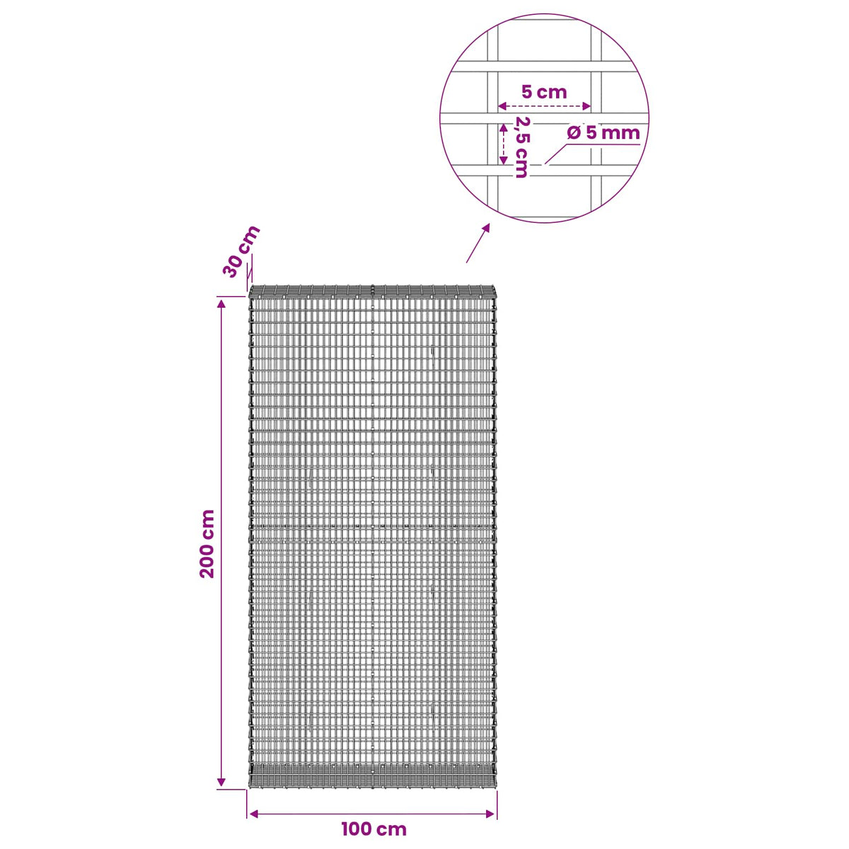 Gabion with 5 mm Wire and 5x2.5 cm Mesh 100x30x200 cm