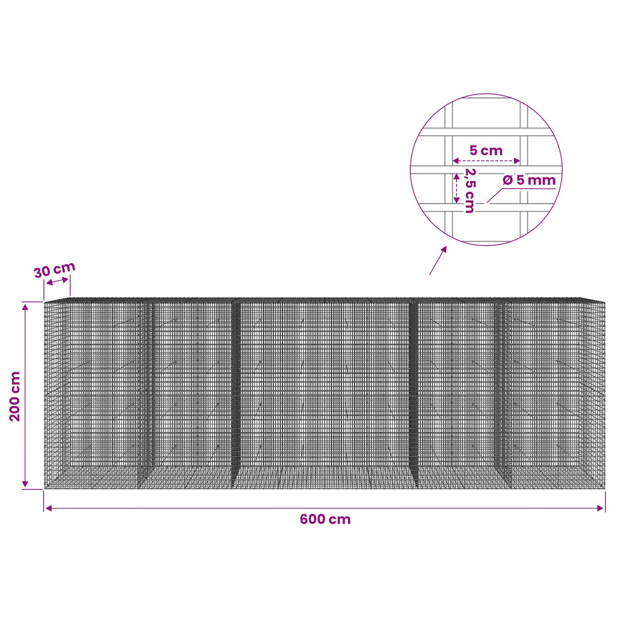 Gabion with 5 mm Wire and 5x2.5 cm Mesh 600x30x200 cm