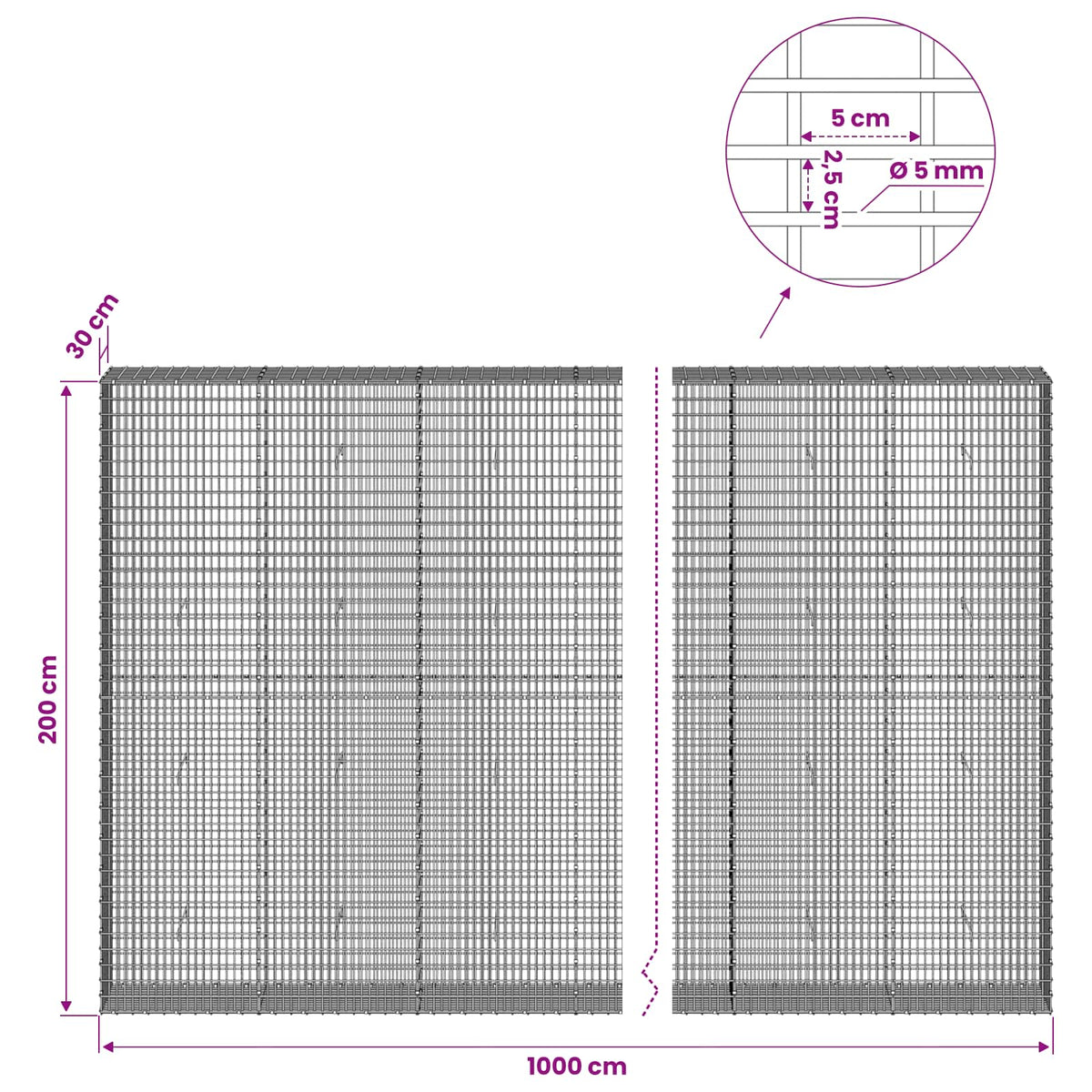 Gabion with 5 mm Wire and 5x2.5 cm Mesh 1000x30x200 cm