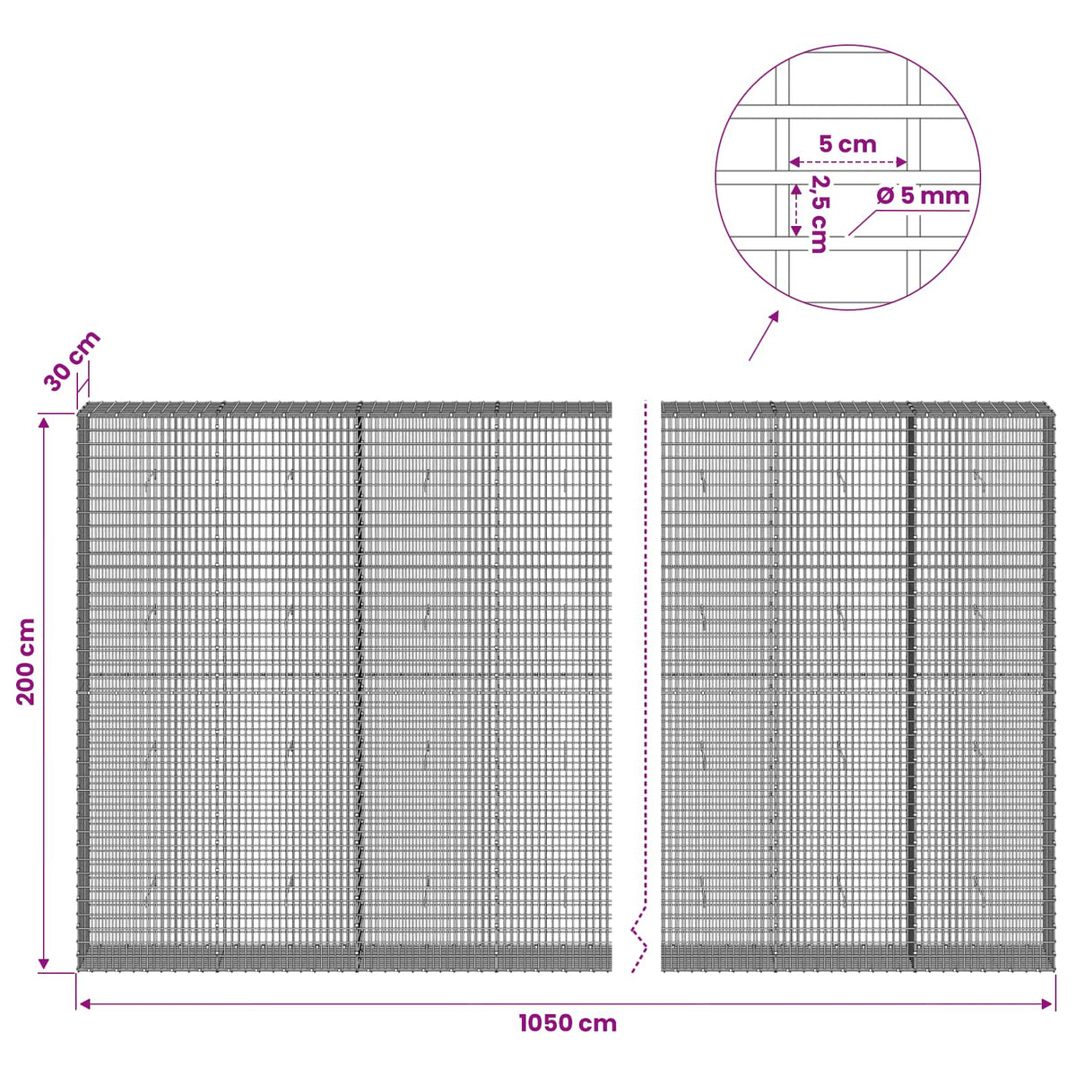 Gabion with 5 mm Wire and 5x2.5 cm Mesh 1050x30x200 cm