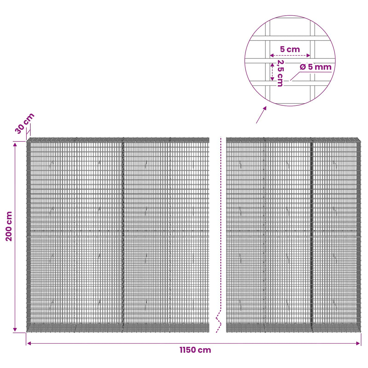 Gabion with 5 mm Wire and 5x2.5 cm Mesh 1150x30x200 cm