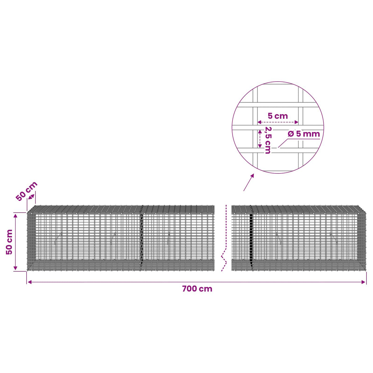 Gabion with 5 mm Wire and 5x2.5 cm Mesh 700x50x50 cm
