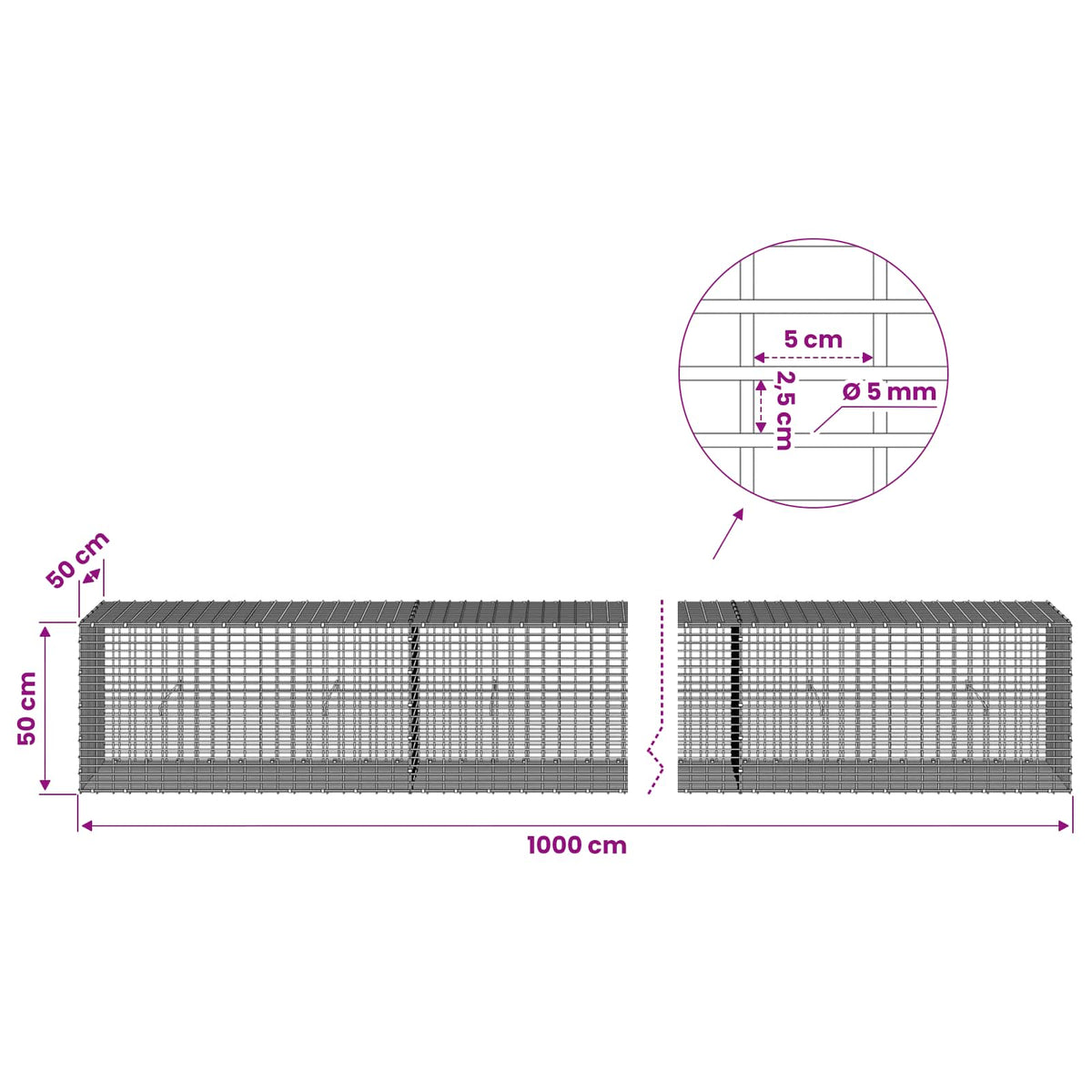 Gabion with 5 mm Wire and 5x2.5 cm Mesh 1000x50x50 cm