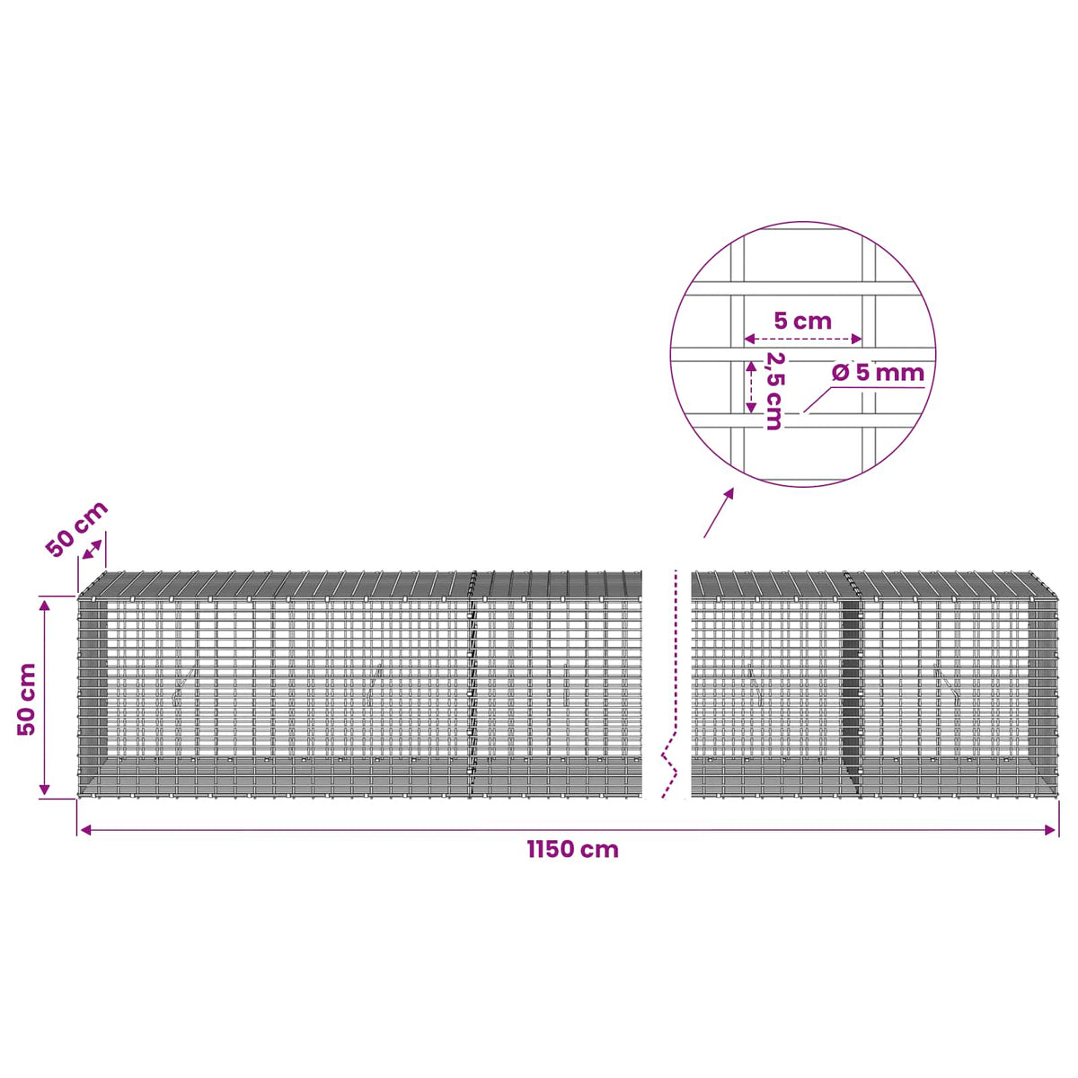 Gabion with 5 mm Wire and 5x2.5 cm Mesh 1150x50x50 cm