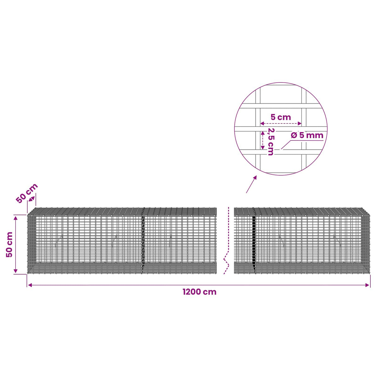 Gabion with 5 mm Wire and 5x2.5 cm Mesh 1200x50x50 cm