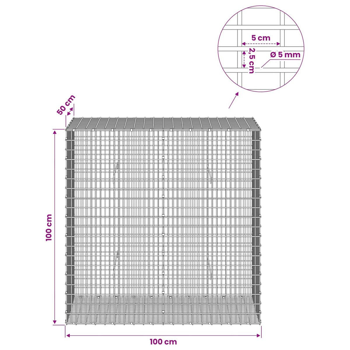 Gabion with 5 mm Wire and 5x2.5 cm Mesh 100x50x100 cm