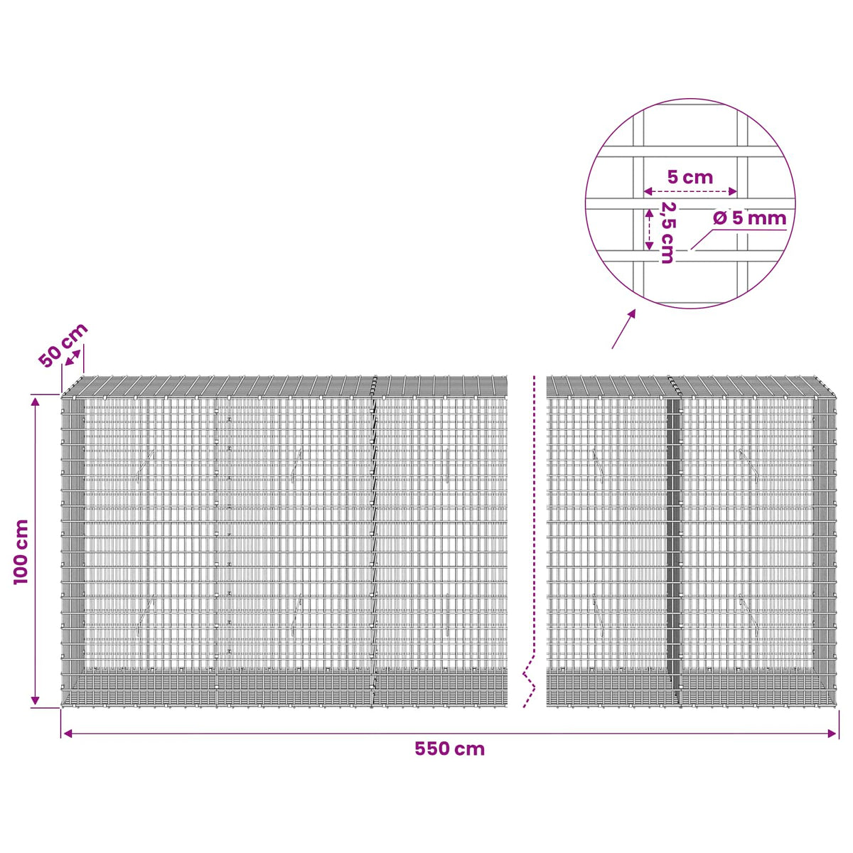 Gabion with 5 mm Wire and 5x2.5 cm Mesh 550x50x100 cm