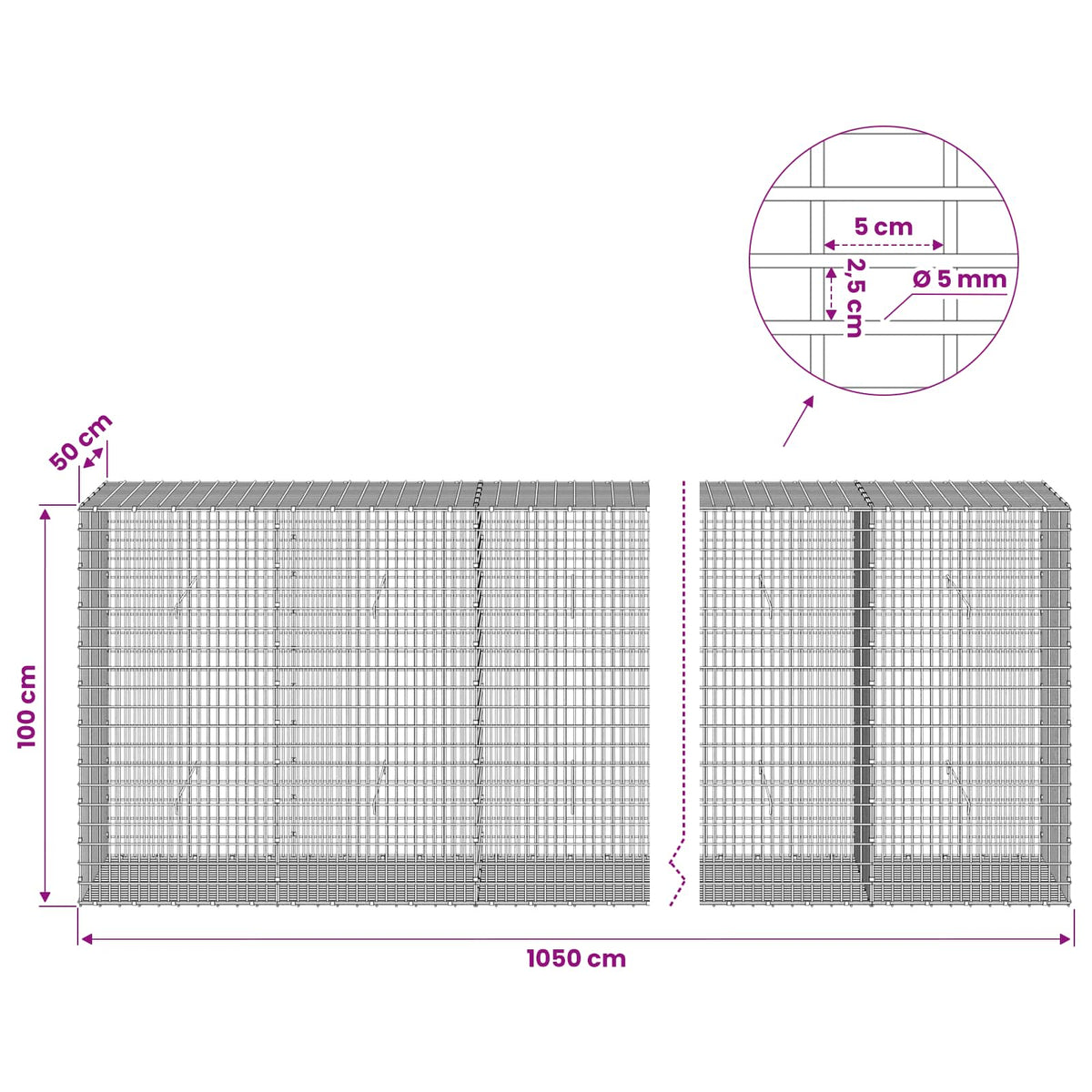 Gabion with 5 mm Wire and 5x2.5 cm Mesh 1050x50x100 cm
