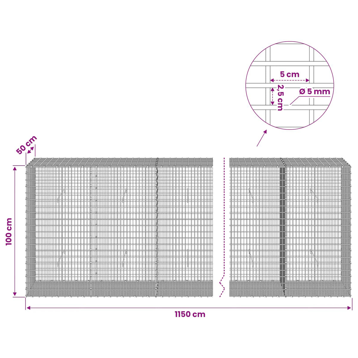 Gabion with 5 mm Wire and 5x2.5 cm Mesh 1150x50x100 cm