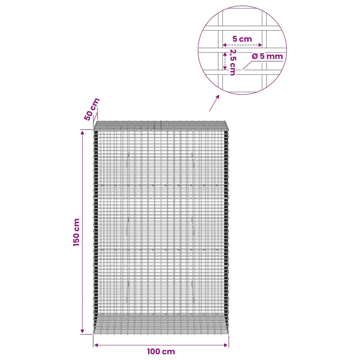 Gabion with 5 mm Wire and 5x2.5 cm Mesh 100x50x150 cm