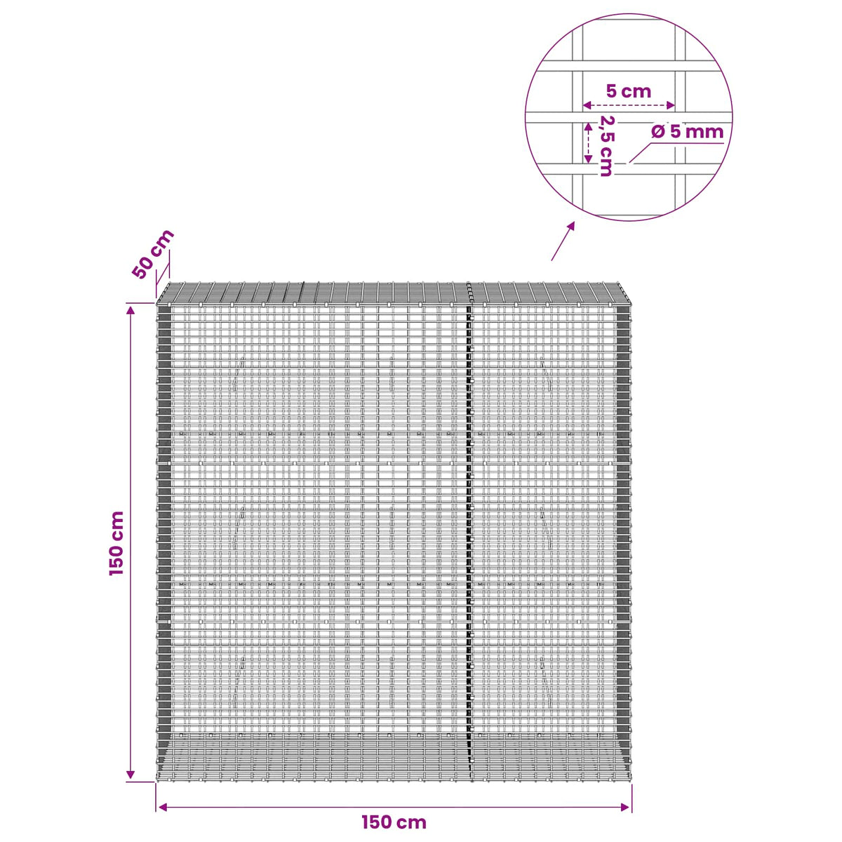 Gabion with 5 mm Wire and 5x2.5 cm Mesh 150x50x150 cm