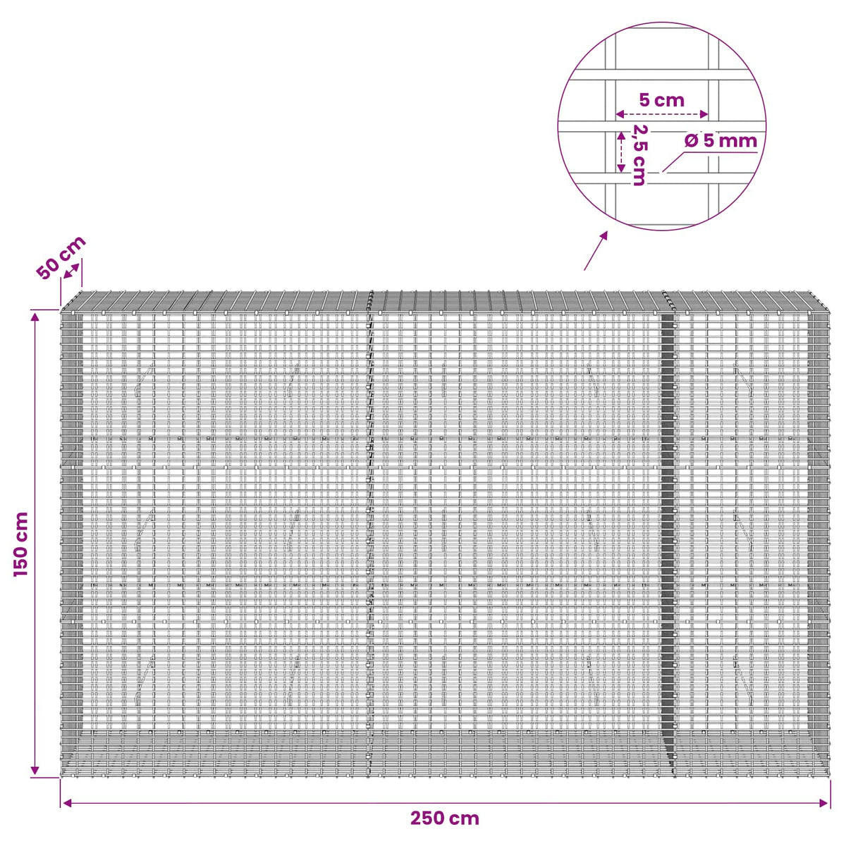 Gabion with 5 mm Wire and 5x2.5 cm Mesh 250x50x150 cm