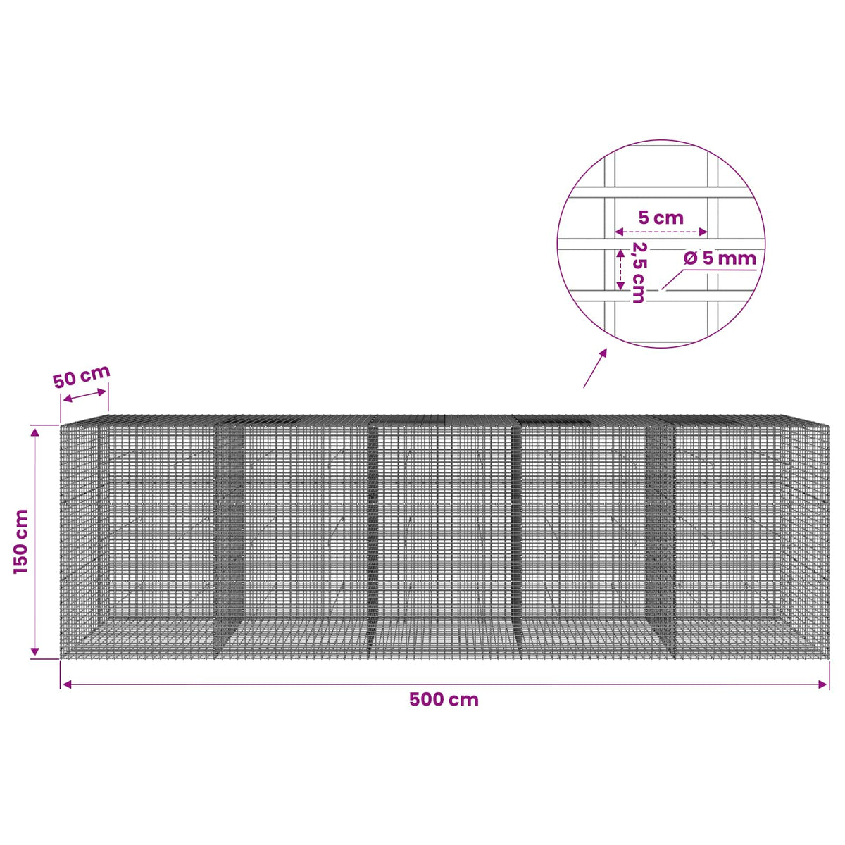 Gabion with 5 mm Wire and 5x2.5 cm Mesh 500x50x150 cm