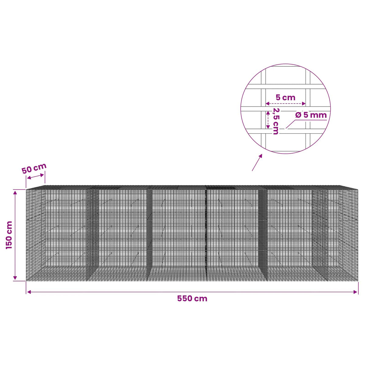Gabion with 5 mm Wire and 5x2.5 cm Mesh 550x50x150 cm