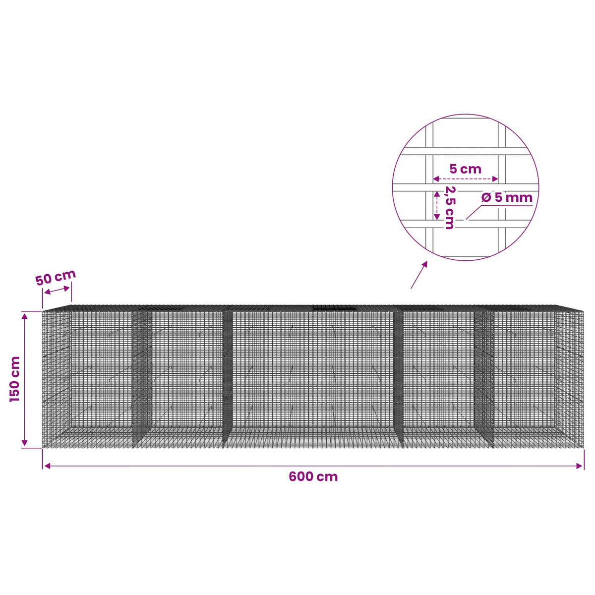 Gabion with 5 mm Wire and 5x2.5 cm Mesh 600x50x150 cm