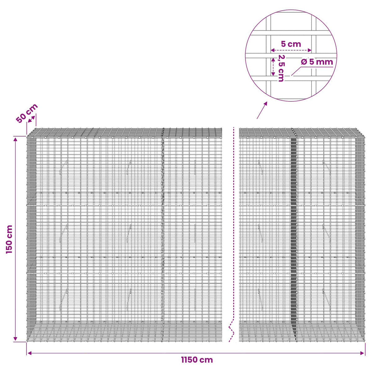 Gabion with 5 mm Wire and 5x2.5 cm Mesh 1150x50x150 cm