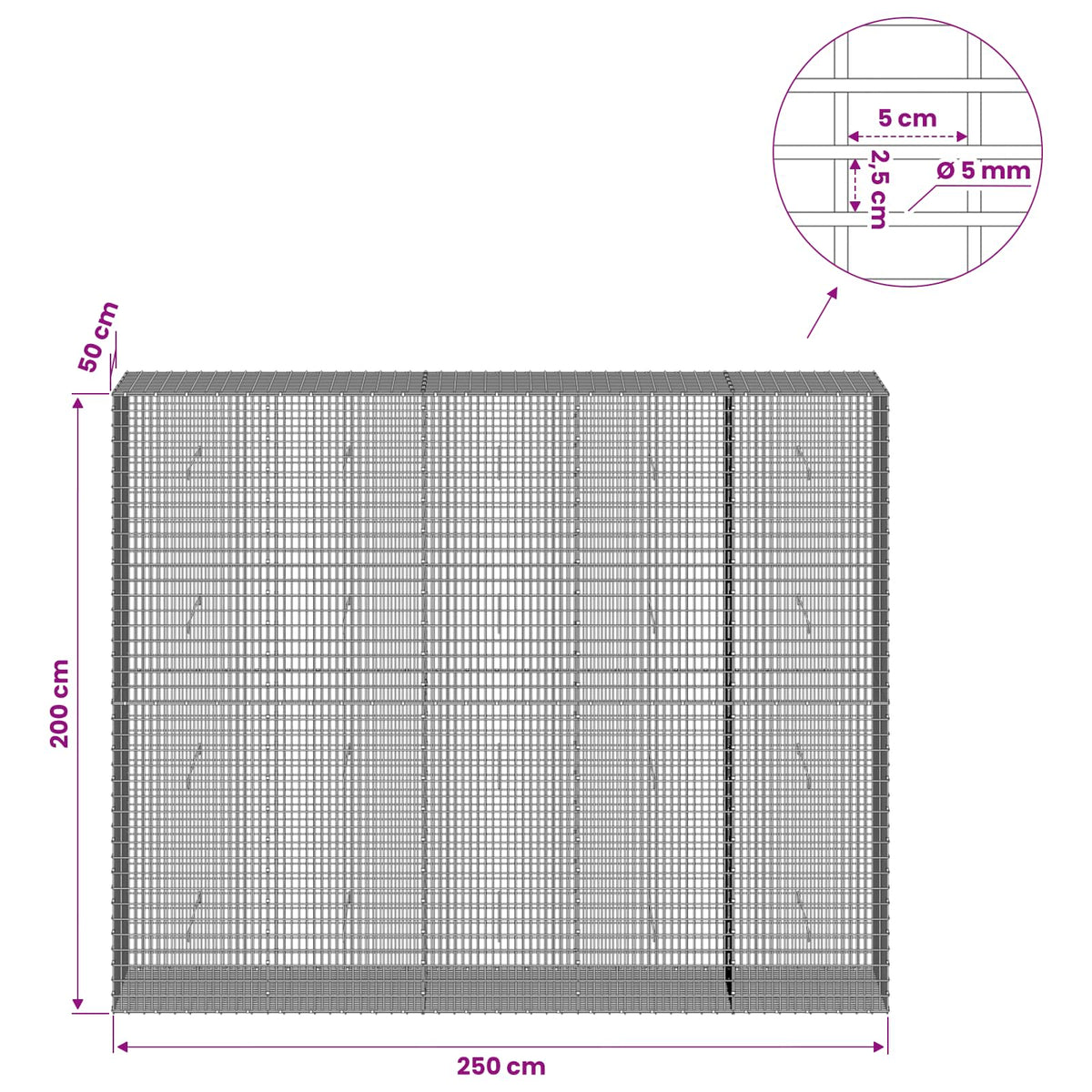 Gabion with 5 mm Wire and 5x2.5 cm Mesh 250x50x200 cm