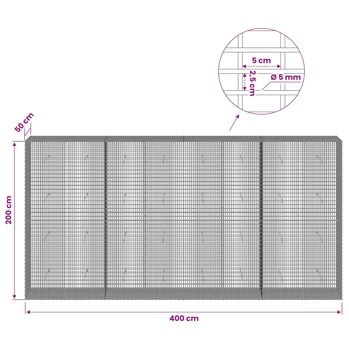Gabion with 5 mm Wire and 5x2.5 cm Mesh 400x50x200 cm