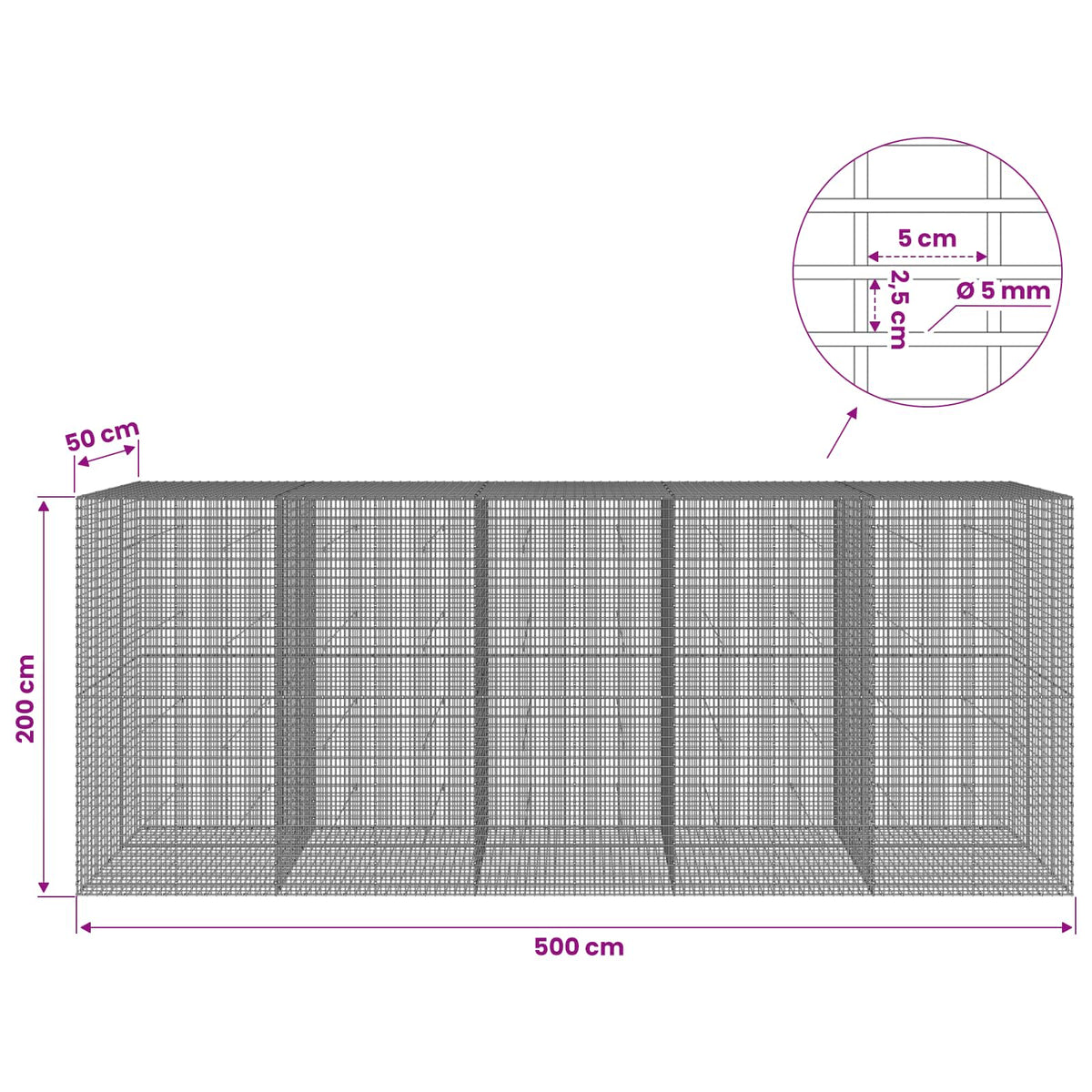 Gabion with 5 mm Wire and 5x2.5 cm Mesh 500x50x200 cm