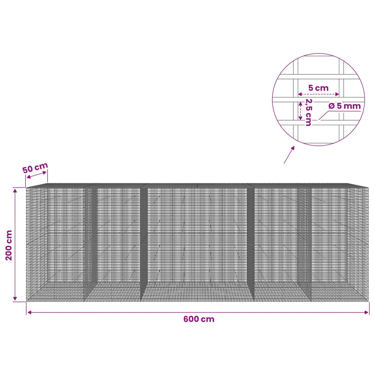 Gabion with 5 mm Wire and 5x2.5 cm Mesh 600x50x200 cm