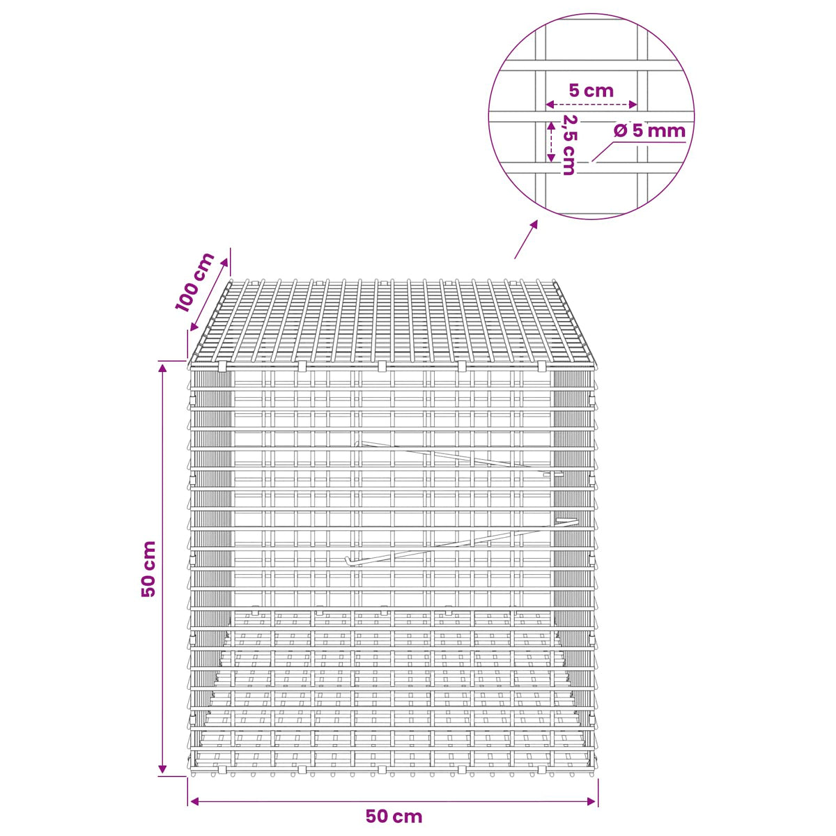 Gabion with 5 mm Wire and 5x2.5 cm Mesh 50x100x50 cm