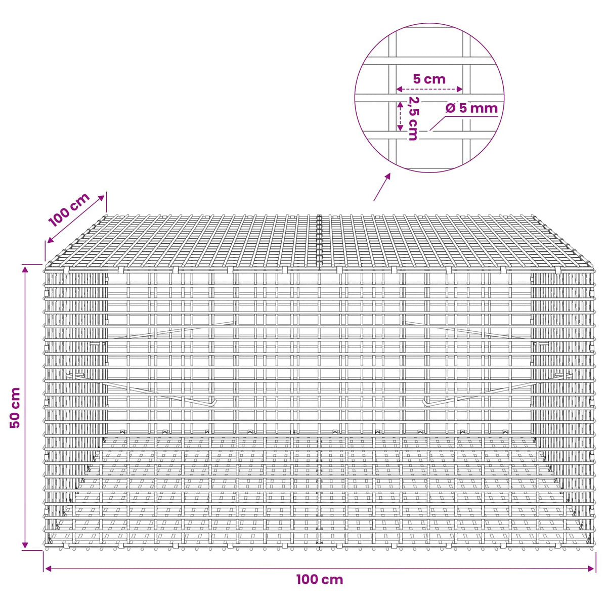 Gabion with 5 mm Wire and 5x2.5 cm Mesh 100x100x50 cm