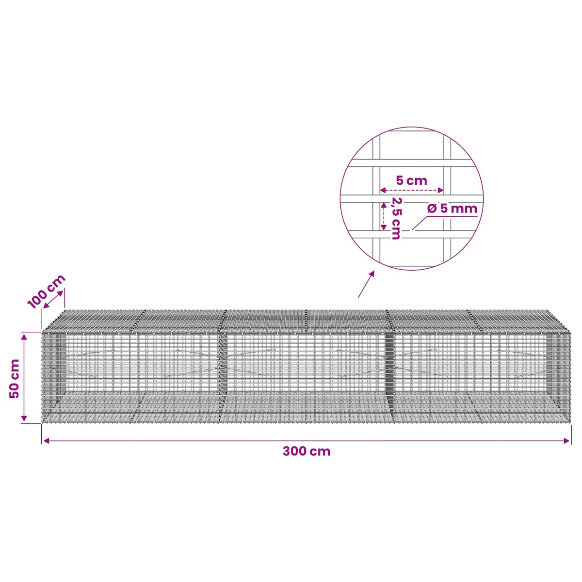 Gabion with 5 mm Wire and 5x2.5 cm Mesh 300x100x50 cm