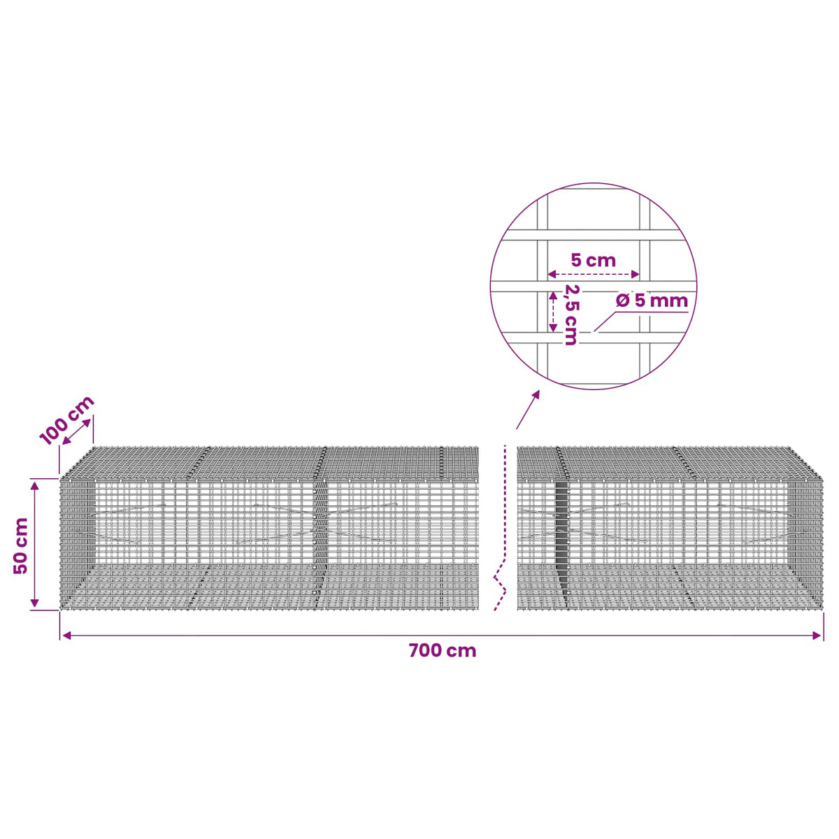 Gabion with 5 mm Wire and 5x2.5 cm Mesh 700x100x50 cm