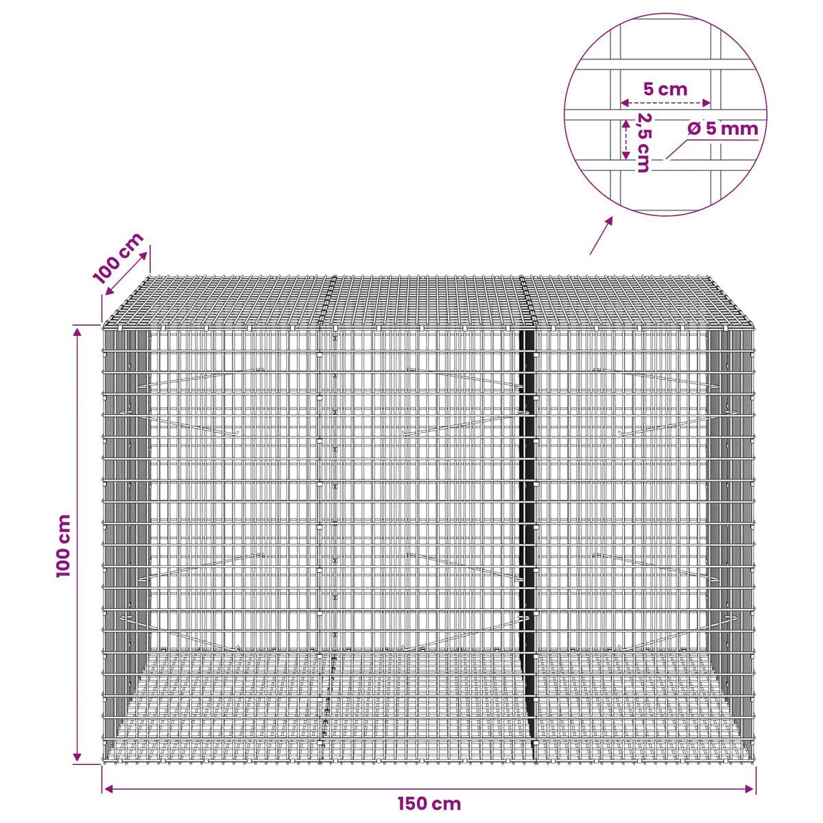 Gabion with 5 mm Wire and 5x2.5 cm Mesh 150x100x100 cm