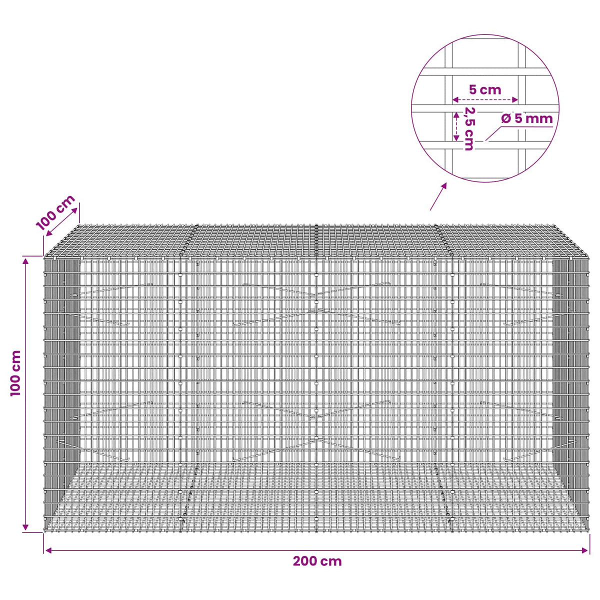Gabion with 5 mm Wire and 5x2.5 cm Mesh 200x100x100 cm