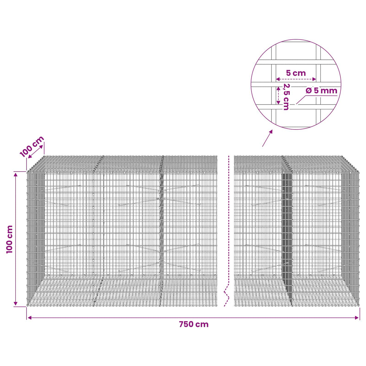 Gabion with 5 mm Wire and 5x2.5 cm Mesh 750x100x100 cm