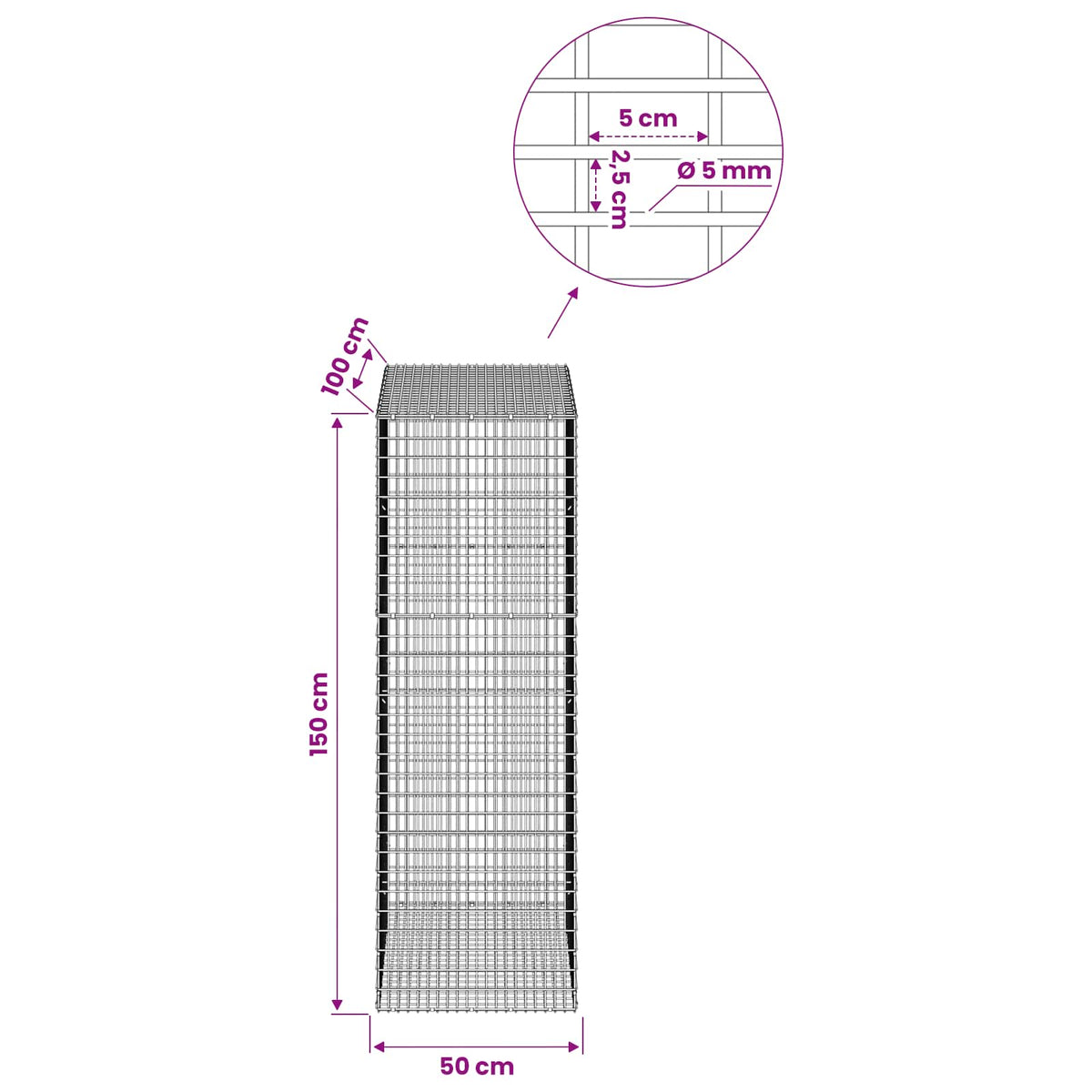 Gabion with 5 mm Wire and 5x2.5 cm Mesh 50x100x150 cm