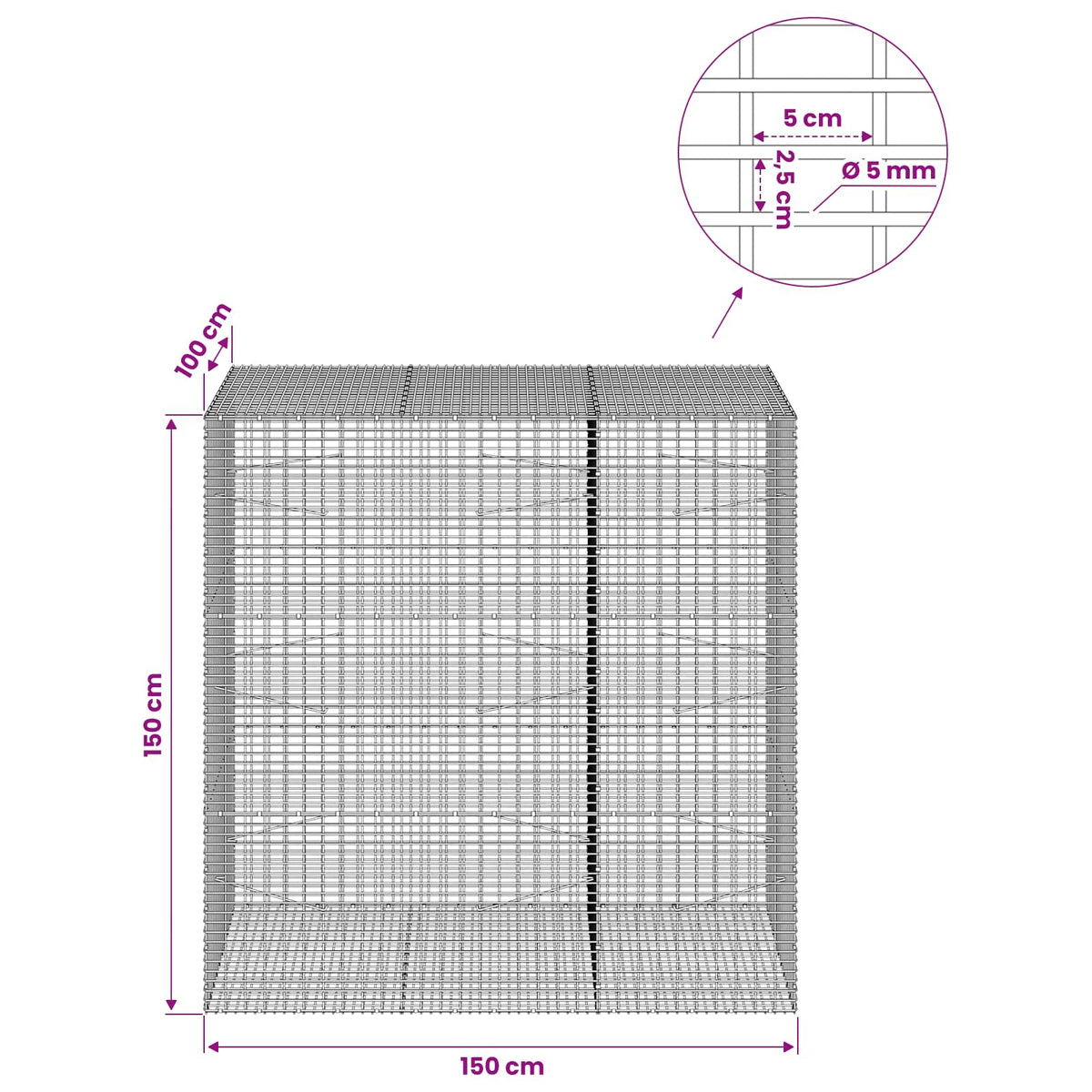 Gabion with 5 mm Wire and 5x2.5 cm Mesh 150x100x150 cm