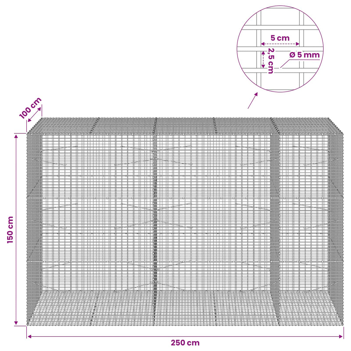 Gabion with 5 mm Wire and 5x2.5 cm Mesh 250x100x150 cm