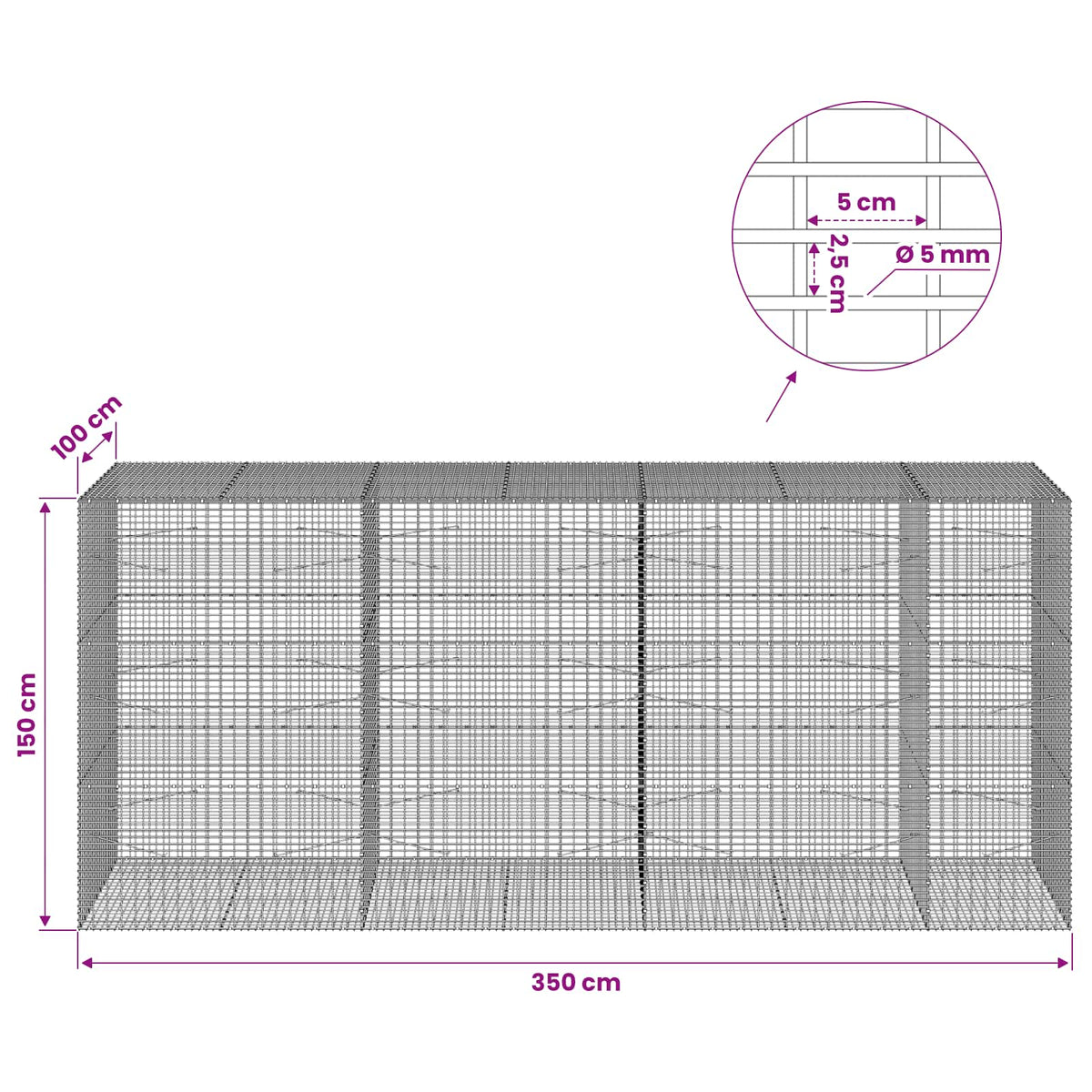 Gabion with 5 mm Wire and 5x2.5 cm Mesh 350x100x150 cm