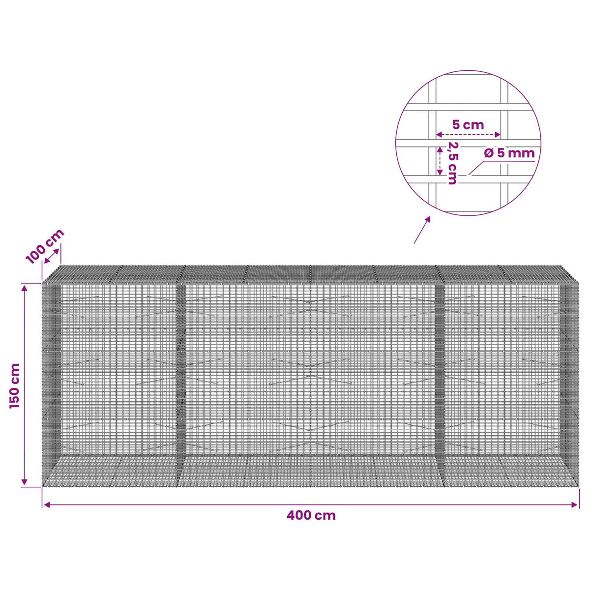 Gabion with 5 mm Wire and 5x2.5 cm Mesh 400x100x150 cm
