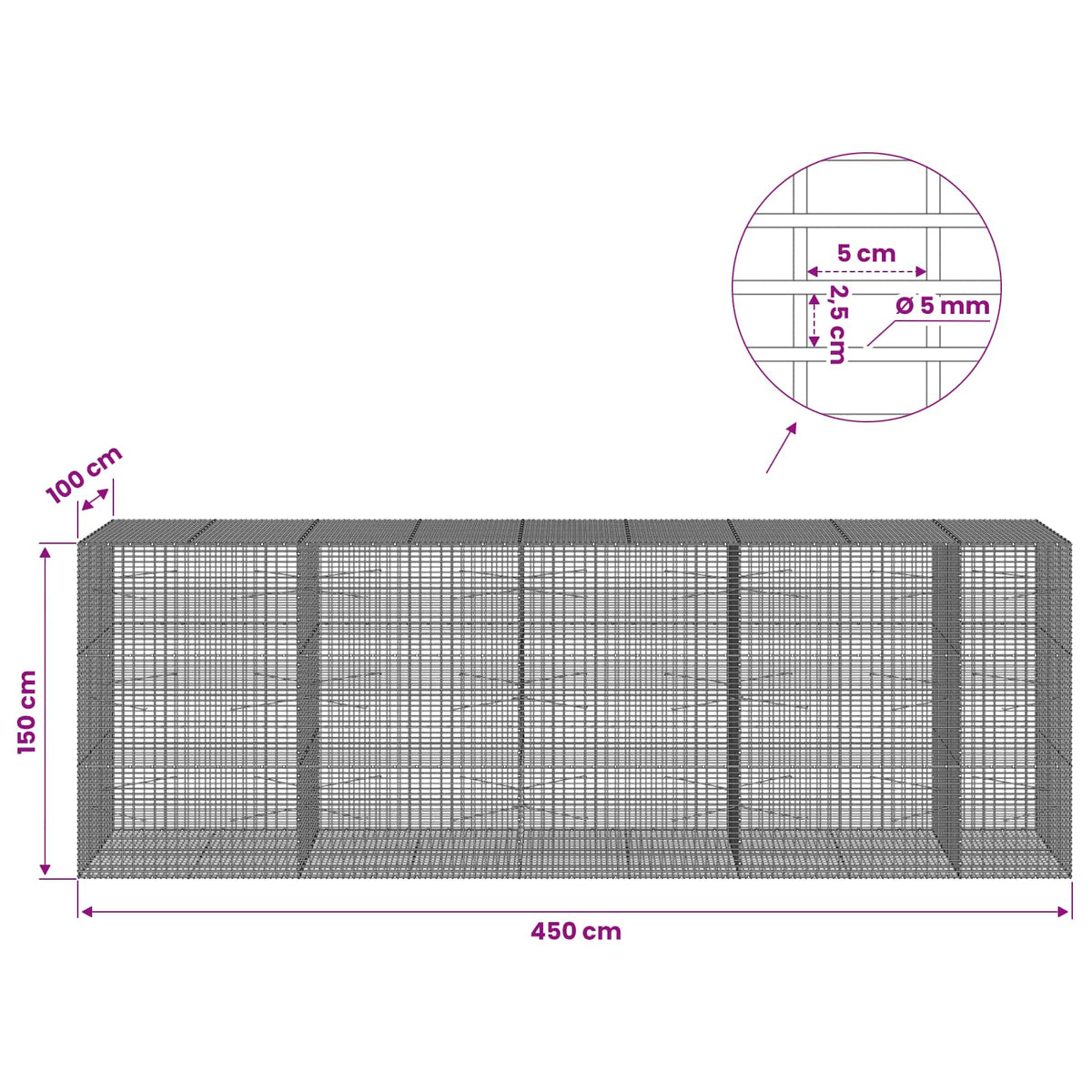 Gabion with 5 mm Wire and 5x2.5 cm Mesh 450x100x150 cm