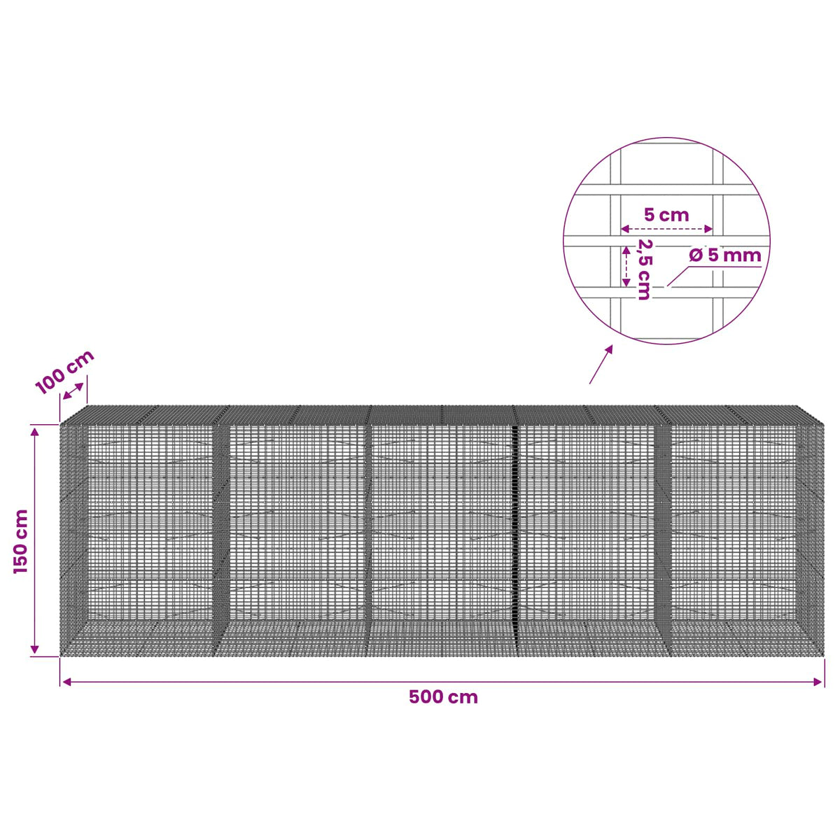 Gabion with 5 mm Wire and 5x2.5 cm Mesh 500x100x150 cm