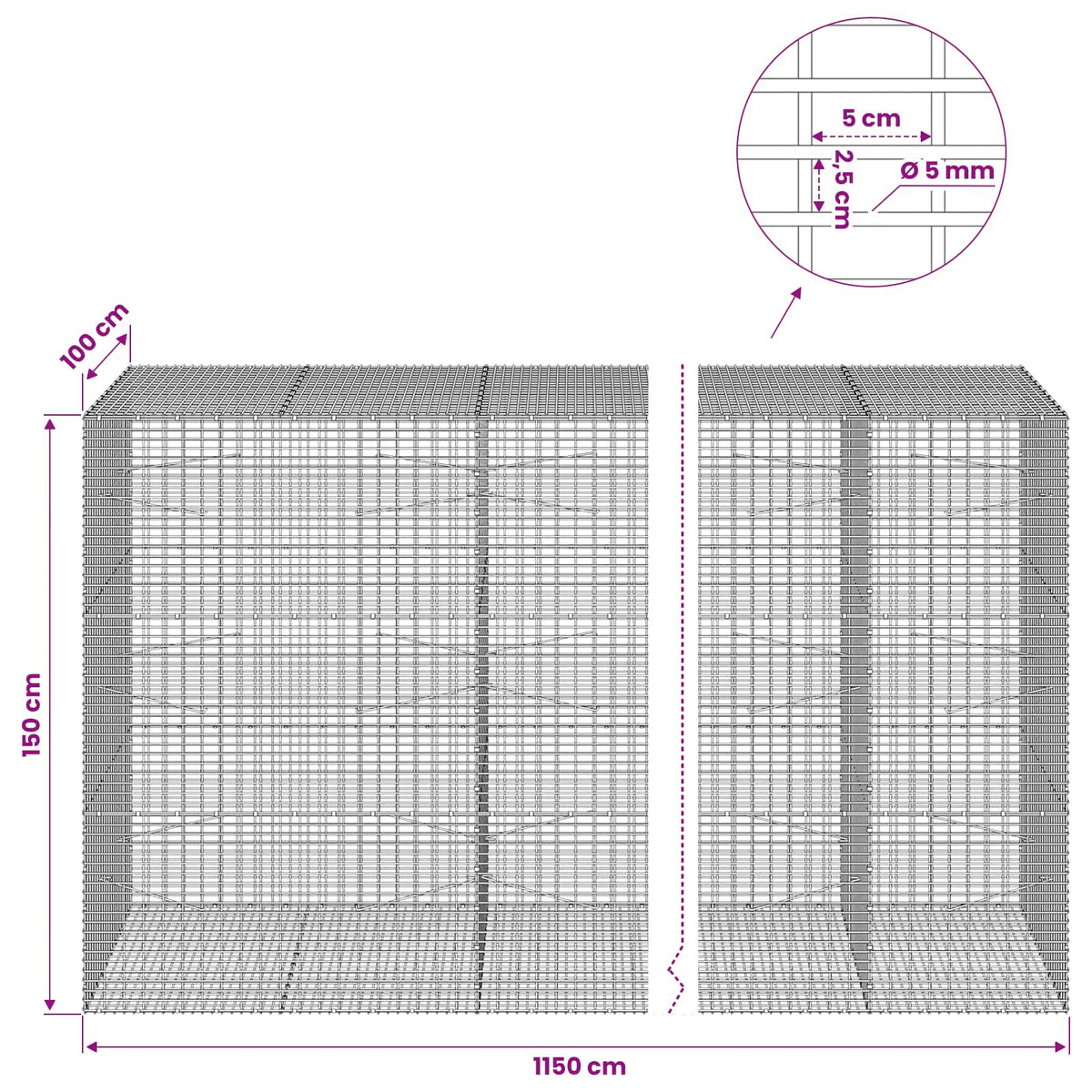 Gabion with 5 mm Wire and 5x2.5 cm Mesh 1150x100x150 cm