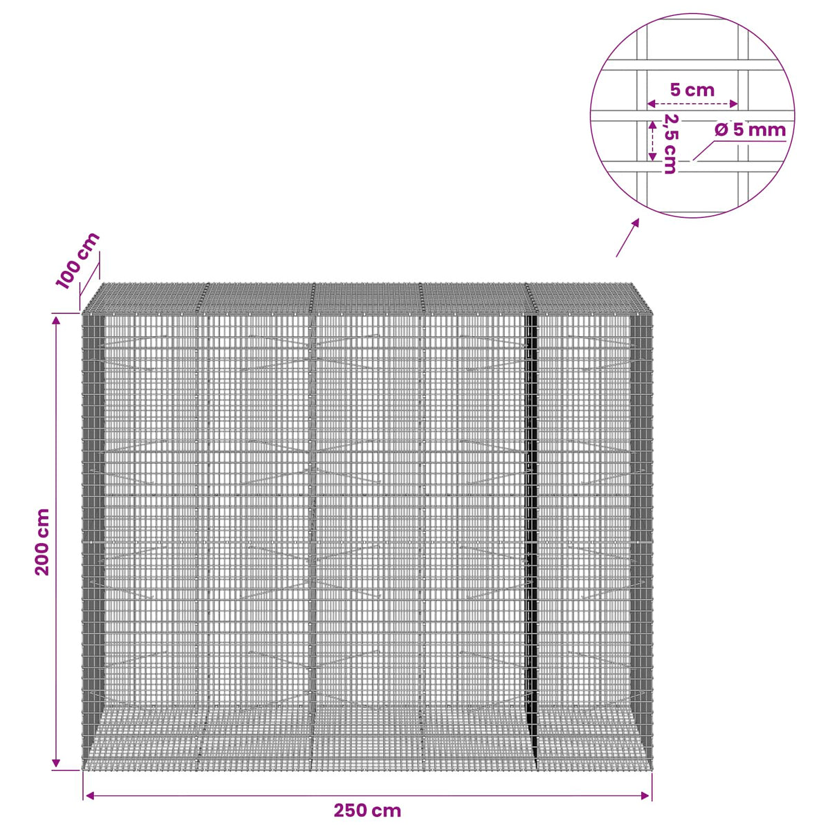 Gabion with 5 mm Wire and 5x2.5 cm Mesh 250x100x200 cm