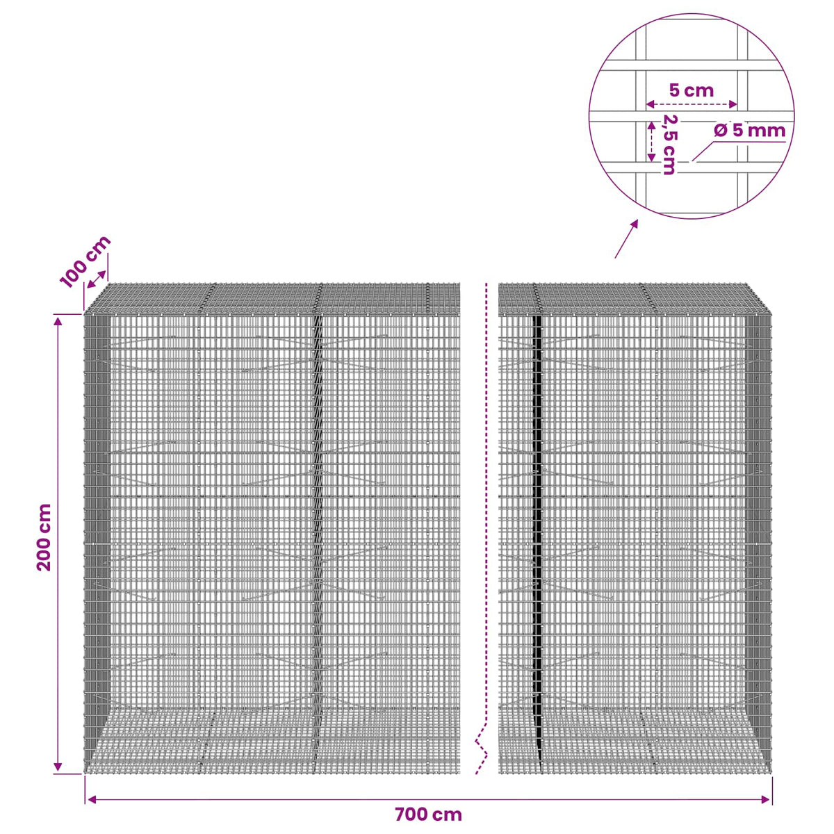 Gabion with 5 mm Wire and 5x2.5 cm Mesh 700x100x200 cm