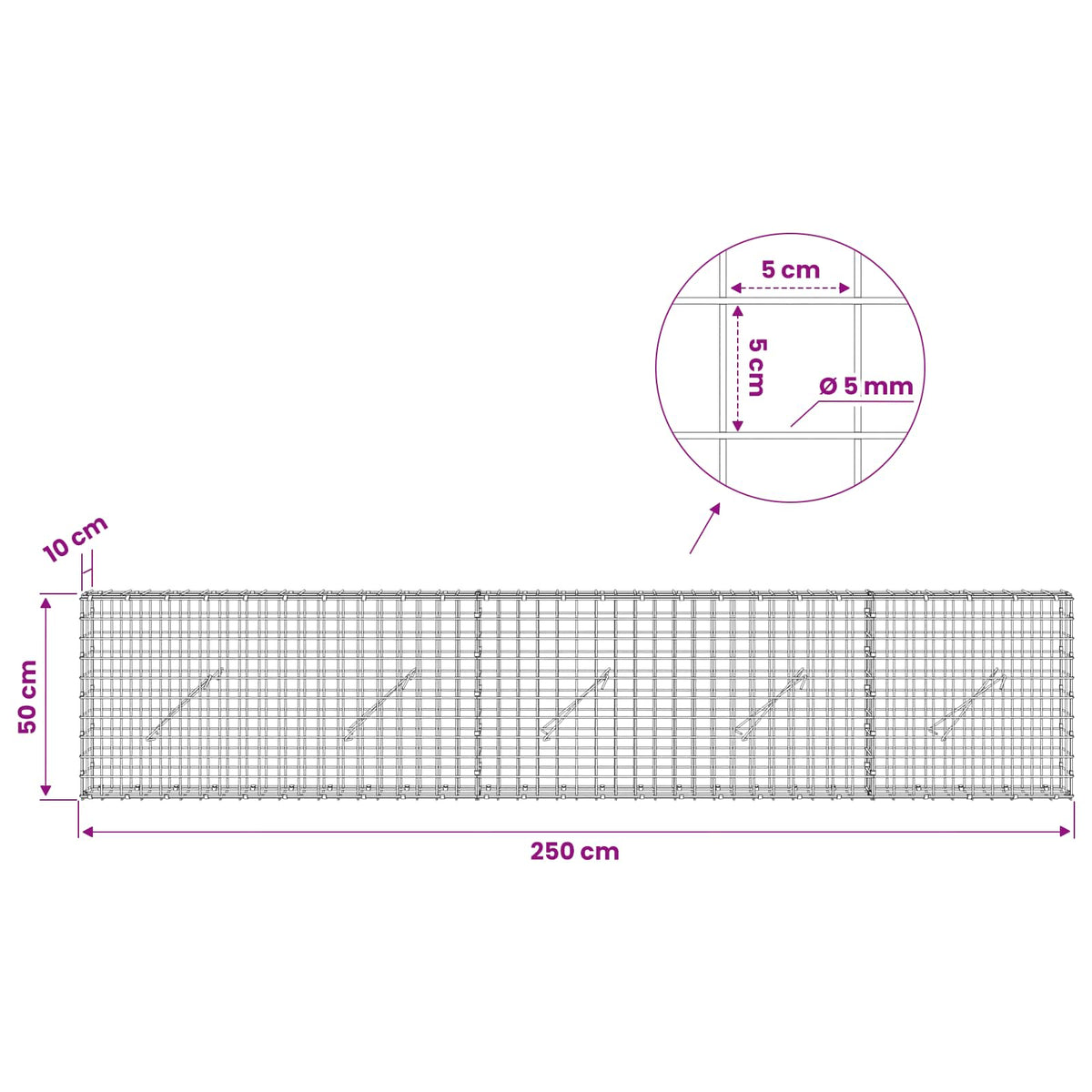 Gabion with 5 mm Wire and 5x5 cm Mesh 250x10x50 cm