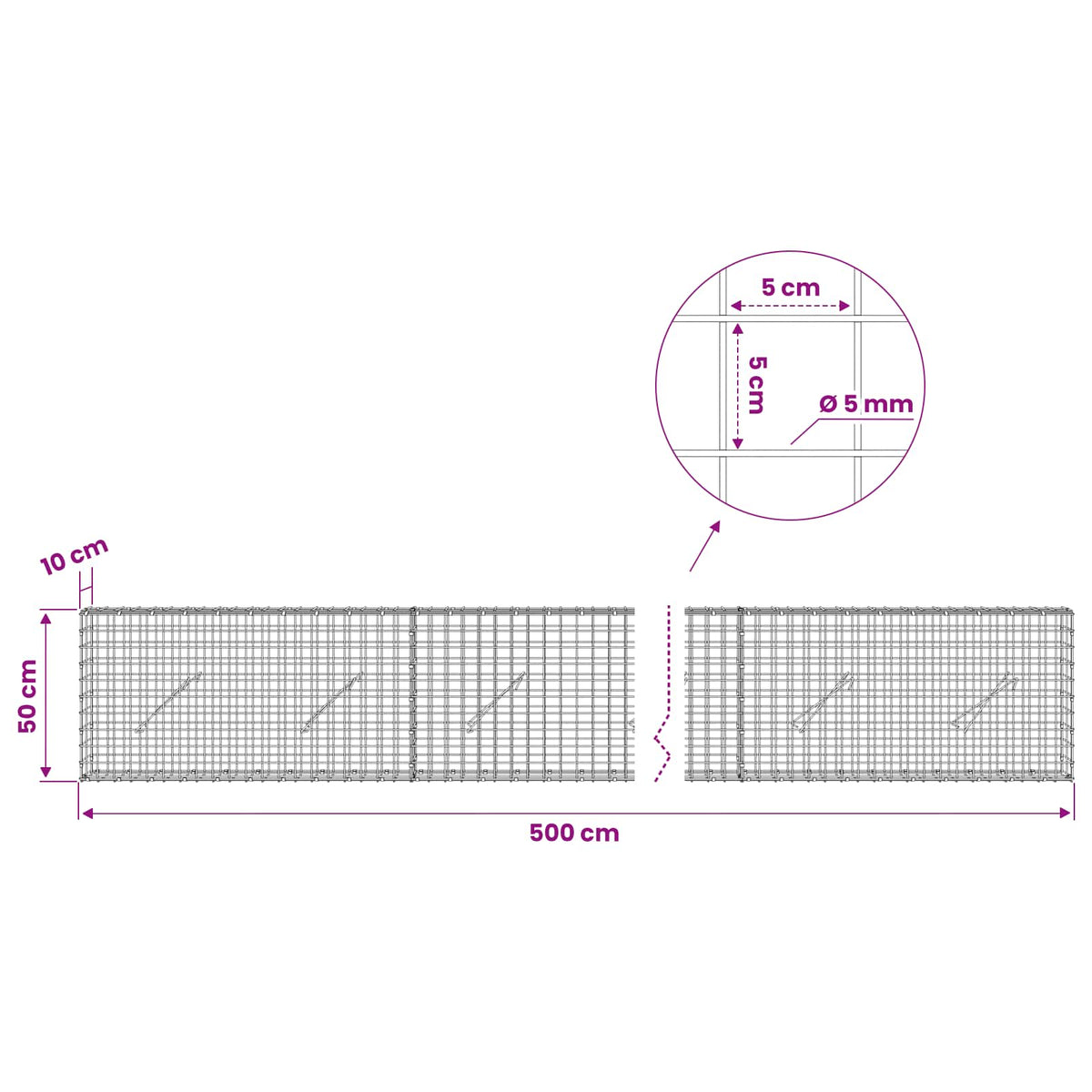 Gabion with 5 mm Wire and 5x5 cm Mesh 500x10x50 cm